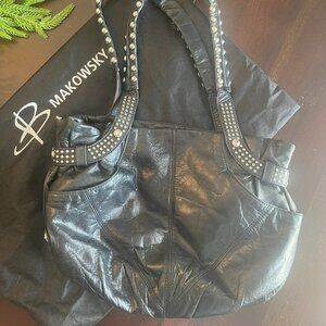 B. Makowsky  Black Studded Leather Hobo Bag